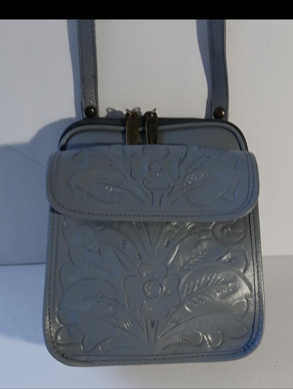 New Grey Adj.Crossbody  Hand-Tooled  Floral-Embossed Cowhide Leather Bag NWOT